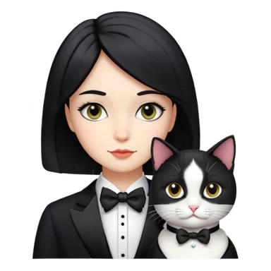 A girl with short black middle parted  hair parted in the middle, fair skin, and a tuxedo cat. sticker