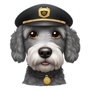 sad grey and black labradoodle dog's face with pilot cap on sticker