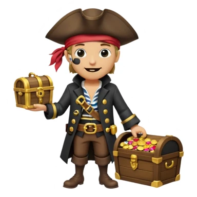 A 3D cartoon pirate character with one eye covered by a black eye patch, holding a treasure chest filled with gold coins and jewels, standing on sandy ground, wearing a pirate hat and coat, warm sunset lighting, realistic Memoji-style rendering. sticker