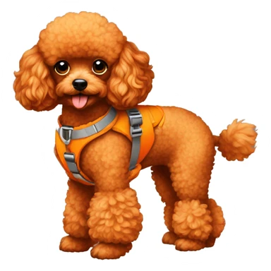 red toy poodle with an orange harness sticker