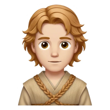 Medieval spring outfit worn by a DnD themed fantasy male character. Wheat-colored wool tunic with subtle herringbone weave pattern, cinched with a braided fabric sash. Clothes only above the waist, full waist coverage. The character has no arms. Character is white-skinned with light chestnut hair, golden brown eyes, and medium-length wavy hair. sticker