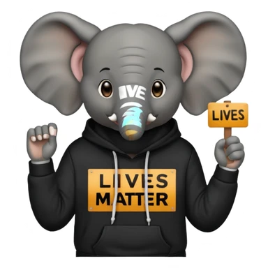 Elephant holding a Black Lives Matter sign and a wearing a hoodie sticker