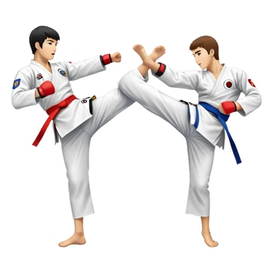 Two taekwondo fighters in a competition arena, one performing a high spinning kick towards the opponent’s head, while the other blocks with a precise guard. The background features a dynamic, bright arena with flags, emphasizing speed and agility in the martial art. Transparent background  sticker