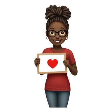 Black girl with red medium length dreadlocks holding a sign that says “PJ” with a red heart on the sign underneath the word, the girl is also smiling and is wearing glasses  sticker