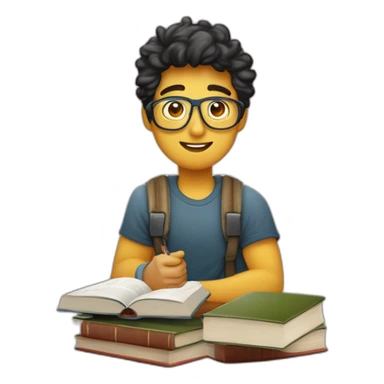 joven estudiante con  con un libro en sus manos y en su cabeza, junto a muchos libros y una lampara y un libro en su cabeza, con muchos y muchos  libros, de piel blanca sticker