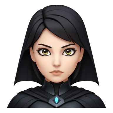 dark sci-fi villain female portrait, head and shoulders only, black armor, cape collar, intense eyes, sharp confident expression, subtle futuristic makeup, dramatic lighting, 3D cartoon, mobile game icon style, clean background, no text, no watermark
 sticker