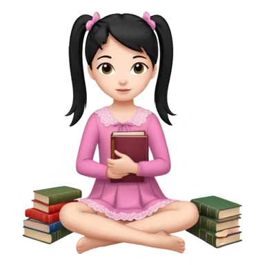 A beautiful girl, wearing a pink lace dress, her long straight black hair is tied in two ponytails, she holds books and crayons in her hands, her feet are bare, sitting on the floor with her legs crossed. sticker