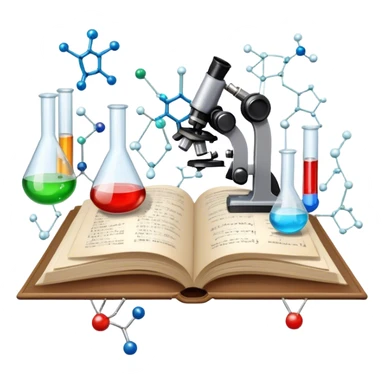 Icon for Scientific and Educational Reading: an open book with mathematical and physical formulas on the pages, with molecules and atoms flying out. On the desk are test tubes, flasks, and a microscope. Transparent background. sticker