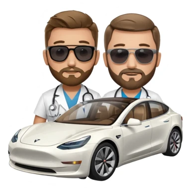 White tesla model 3 and one cool physician with dark blond hair, beard, stetoscope and dark sunglasses next to it sticker