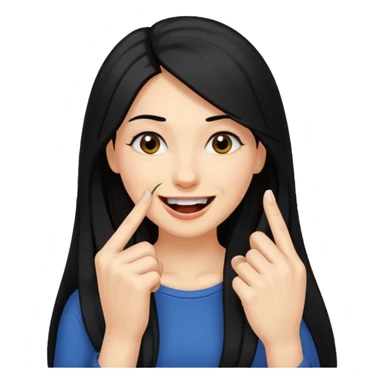 Haz una imagen de una mujer con cabello negro largo , con una sonrisa en su cara y la punta de su dedo indice mordido entre sus dientes sticker