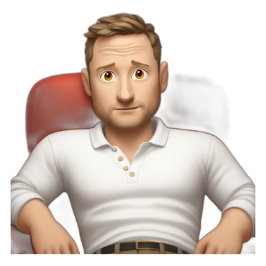 tim robinson very tired laying down on a red couch in a long sleeve white polo shirt, chest up clean shaven, laying flat across couch, arms at side sticker