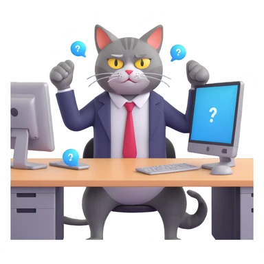 pissed off cat in business clothes arms crossed tail twitching angrily sitting at cubicle glaring at computer screen with chat bubbles of silly questions looking completely done with day sticker
