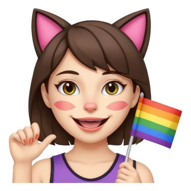 brunette girl with cat ears and doing cat pose with gay flag in mouth sticker
