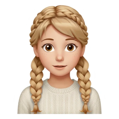 light brown hair blonde hair hazel eyes woman with a white cable knit sweater thatand one braid down her back  with tendrils of hair flowing down her face and she is happy pale, some freckles, blush. she has a cateye wing and long lashes sticker