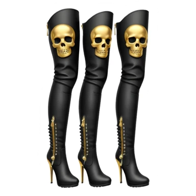 black color, zipper with sparkling silver and gold detailed  skull embellishment on side, thigh high boots sticker
