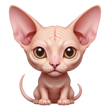 Cinematic Cute Sphynx Cat Portrait Emoji, Head tilted playfully and inquisitively, soft, wrinkled skin in warm peach and pink hues, oversized ears and wide, expressive eyes filled with curiosity, Simplified yet irresistibly adorable features, highly detailed, glowing with a warm, friendly glow, high shine, affectionate and lively, stylized with a touch of whimsy, bright and endearing, soft glowing outline, capturing the essence of a mischievous yet loving kitten, so playful it feels like it could pounce out of the screen and into your arms! sticker