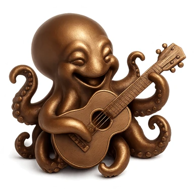 happy octopus with multiple arms playing guitar, bronze sculpture style sticker
