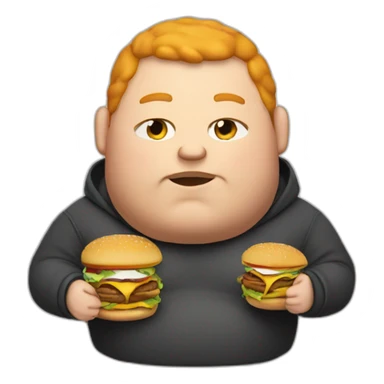 Fat man wearing a hoodie and headphones, ginger, eating a burger sticker