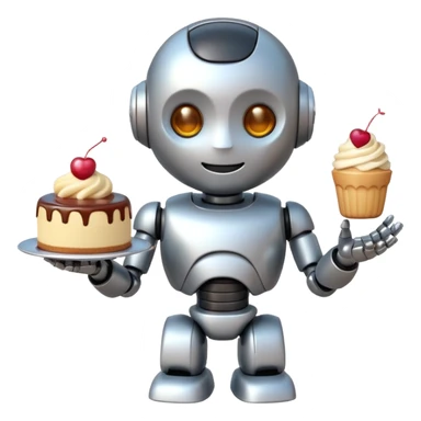 The cute robot is holding dessert in its hands, 3d emoji sticker