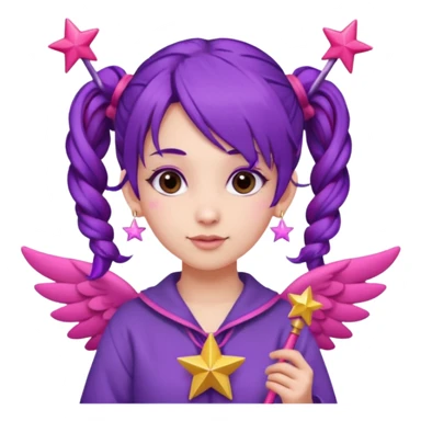 Create an emoji of a fairy-like woman with purple hair tied into two pigtails, red stars in her hair, wearing a pink outfit and pink wings. She is holding a pink star-shaped wand and wearing purple circular earrings. sticker