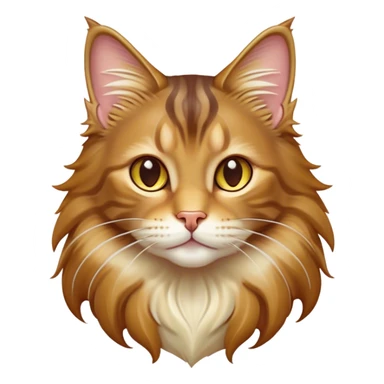 Cinematic Cute Maine Coon Cat Portrait Emoji, Head tilted playfully and inquisitively, sleek brown, gold, and cream tones, Simplified yet adorable features, highly detailed, glowing with a warm, friendly glow, high shine, curious and affectionate, stylized with a touch of whimsy, bright and alert, soft glowing outline, capturing the essence of a mischievous yet loving kitten, so endearing it feels like it could pounce out of the screen and play with its fluffy tail swishing! sticker