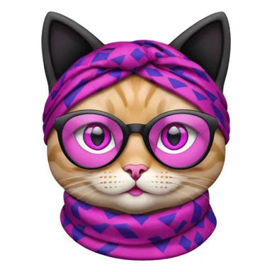 Apple Emoji-style cat head with black fur, tinted purple glasses, pink scarf with a geometric pattern, and large pink eyes. The emoji should only feature the cat's head with no additional body parts. sticker