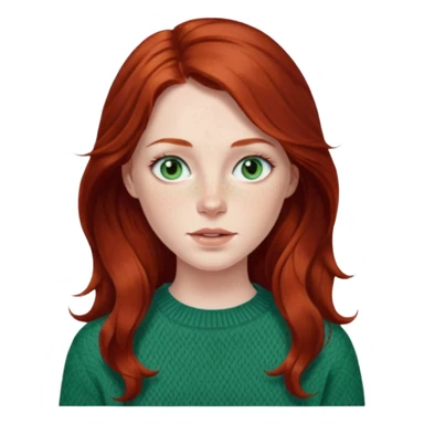 woman with long dark auburn red hair that is mostly straight but has slight waves to it. grey blue eyes. some freckles. wearing a Swedish style sweater that is green. blue grey eyes.  sticker