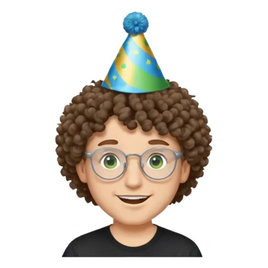 A white guy with curly brown hair and green eyes with a happy face, and wear square glasses.He’s also got a full silver birthday party hat on his head with blue pom poms on top of it, and his T-shirt is all black, he wears a little gold circle earrings on his left  sticker
