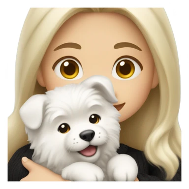 blonde girl with long hair in a black sweater holds a Samoyed puppy in her arms sticker