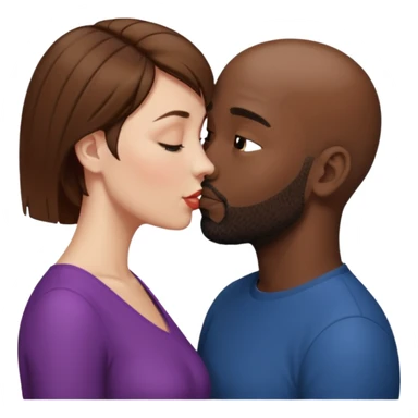 a white woman with short brown hair and a black man with no hair and a beard are facing one each other.  The woman is giving a kiss to the man's forehead sticker