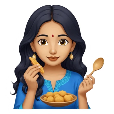 a pretty tan indian bratz girl with wavy long BLACK hair. eyeliner on, wearing a blue kurti, eating golgappa (without spoon) sticker