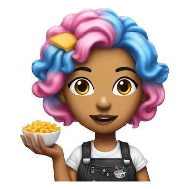Punk girl with blue and pink hair puts ketchup on Mac n cheese sticker
