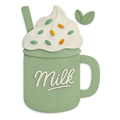 Change the milkshake to a fresh mint green and white palette, keeping the mason jar, whipped cream, rainbow sprinkles, and mint leaf on top, with no background. sticker
