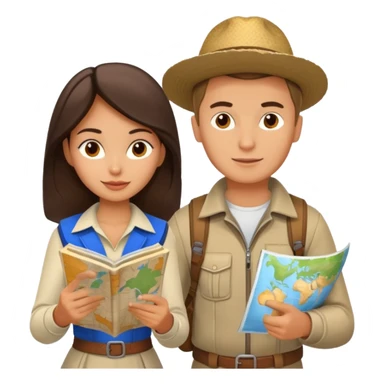 Russian man and elegant Latina girl in adventure outfits with a map planning a trip sticker