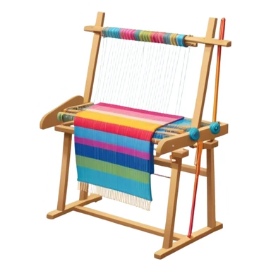 Create an icon that represents the hobby of weaving. The design should include a loom, threads, and a partially woven fabric, along with a piece of colorful fabric and sewing patterns. Include a representation of finished clothing, like a simple shirt or dress, made from the woven fabric. The composition should feel balanced and harmonious, reflecting the creative and intricate process of weaving and sewing. The background should be transparent. sticker