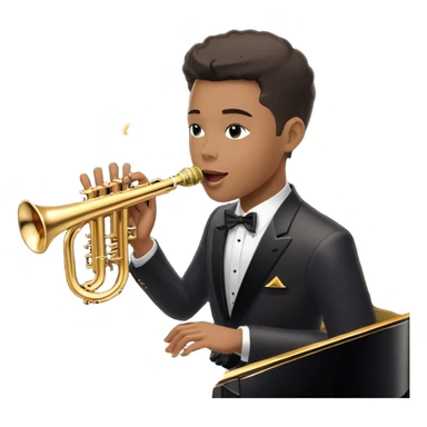 Create an elegant and vintage-inspired emoji representing jazz vocal performance with a classic jazz microphone, a grand piano, and a Selmer Model 19 trumpet resting on top of the piano. The design should feature a sleek, vintage microphone (like those from the 1940s) with a glossy, metallic finish. The piano should be depicted with a shiny black finish, and the trumpet should have a polished, golden look, resting gracefully on the piano keys. Add subtle musical notes or a soft soundwave to suggest the flow of music. Use rich, deep colors like gold, black, and silver to evoke the timeless, classy vibe of jazz. The background should be transparent. sticker