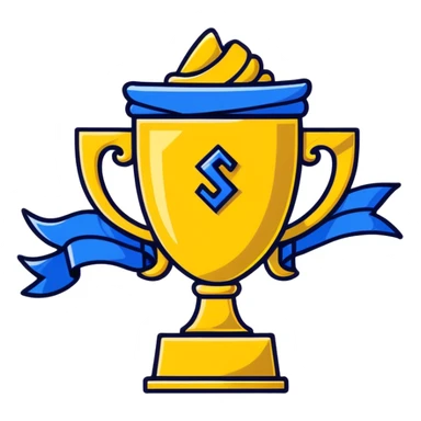 golden championship trophy with blue ribbons sticker