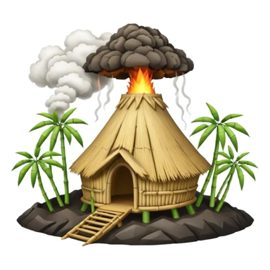 bamboo hut with volcano in the back in Volcano Island  sticker