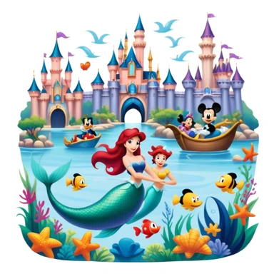 A vibrant collage featuring iconic characters like one Goofy, one Mickey Mouse, one Ariel the Little Mermaid, one Jasmine and one Franco. Each character should be large and bright, set against a cheerful and playful background with Disneyland. Transparent background. sticker