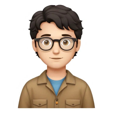 Young caucasian man with black wavy hair, round glasses, wearing brown carpenter outfit with shirt underneath sticker