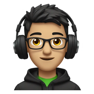 A young man with short dark hair, glasses, and black headphones. He's wearing a dark hoodie and has a focused expression. The background has a frosty white blur effect, with a green plant visible behind him. sticker