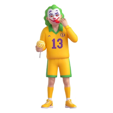 very ugly joker in a yellow sports jersey, with tears streaming down his face, holding and eating a lollipop sticker