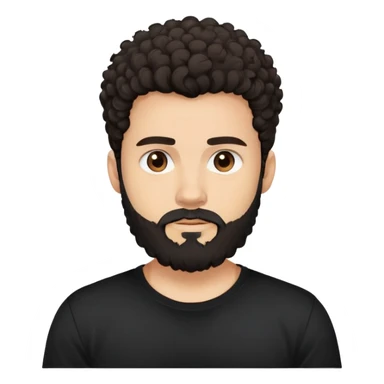 young man with light skin, thick curly dark hair, full beard, neutral expression, plain black t-shirt, front-facing, minimalistic, simplified features, clean lines, flat design sticker