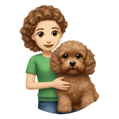 A girl with green eyes and brown hair is holding a brown Maltipoo puppy with curls on its coat sticker