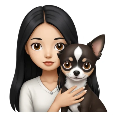 Thai girl with long black hair holding a black and white Chihuahua dog sticker