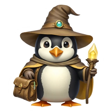 A wizard-explorer penguin inspired by Indiana Jones, wearing a weathered yellow enchanted hat and a flowing cape. It carries a leather satchel with ancient scrolls and holds a glowing magical relic. Cartoon-style, smooth shading, highly detailed, no background sticker