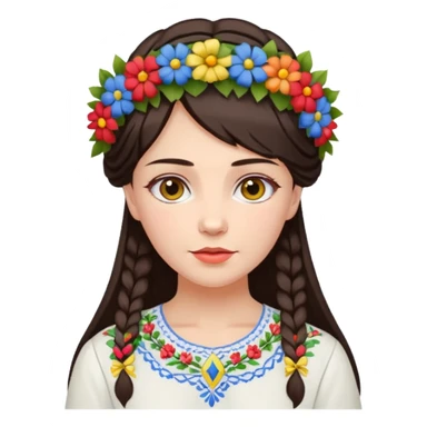 Ukrainian woman in a white embroidered shirt with dark hair in a wreath of flowers with multicoloured ribbons on her head sticker