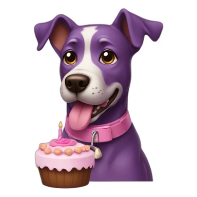 a purple dog with a brown nose and a pink collar with a bone eat cake sticker
