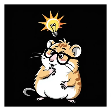 unique, colorful, hand-drawn, modern, realistic hamster with cool glasses, thinking about an idea with a lightbulb above its head, solid black background, illustrated in Procreate on an iPad, not kiddish sticker