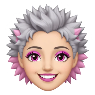 Close-up of Marian Pabón with defined facial structure, light skin with pink undertones, almond eyes with makeup, arched eyebrows, charismatic wide smile, and short spiky gray hair sticker